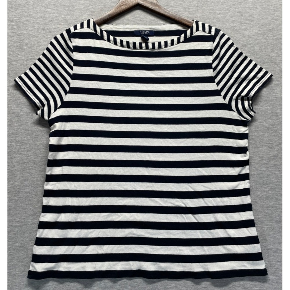 Chaps  Everyday T-Shirt Womens 1X Navy White Striped Cotton Cap Sleeve Boat Neck